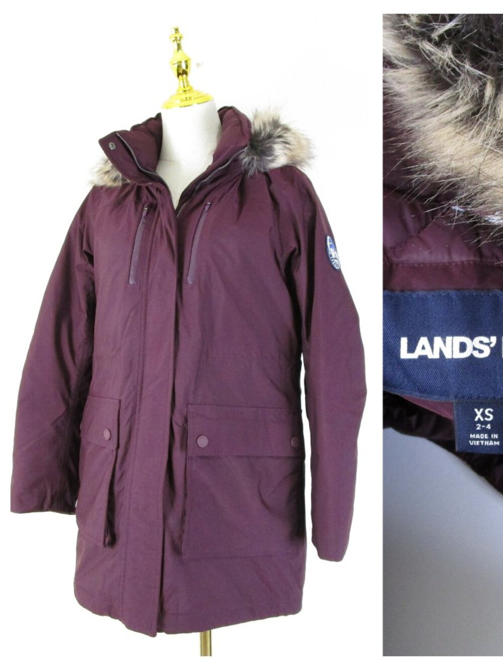 Lands End Womens Purple Down Filled Faux Fur Trim Hooded Ski Parka Coat XS 2 4